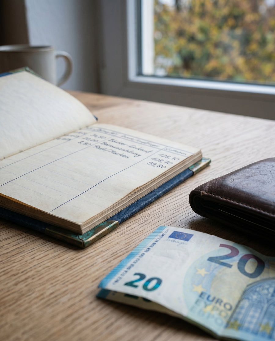 Eine Hand schreibt einen Euro-Betrag in das geöffnete Haushaltsbuch, blauschwarze Eisengallus-Tinte auf parchment-cremefarbenem Papier mit verdigris-grünen Spaltenlinien